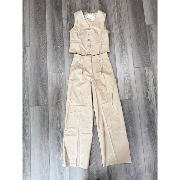 Commense Chic Minimalist Cotton Linen Vest Pants Set Old Money Workwear Khaki M - Picture 2 of 7